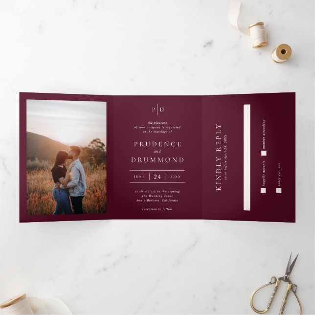 Deep Burgundy Elegant Classic Wedding Tri-Fold Invitation (Inside)