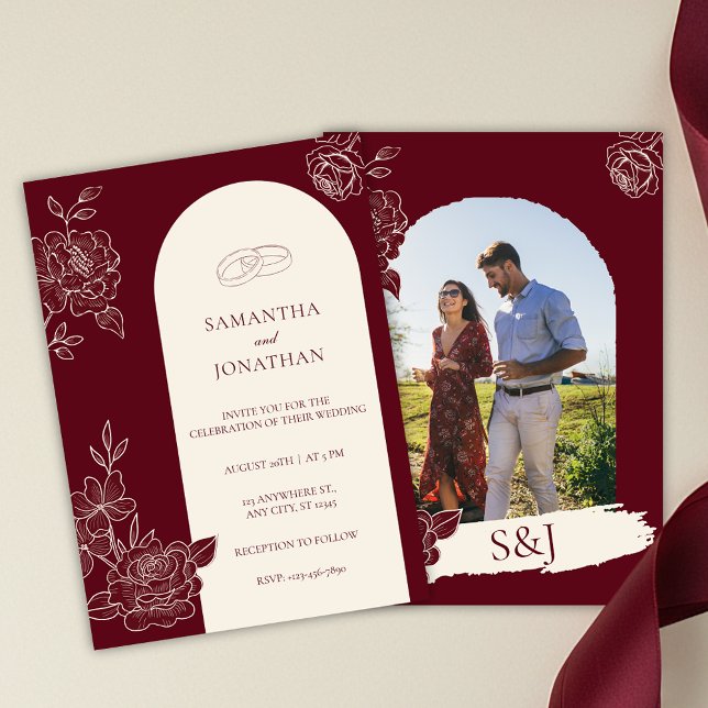 Deep Burgundy Floral Arch Photo Back Wedding Invitation (Deep Burgundy Floral Line Art with Ivory Arch Wedding Invitation with Photo Back)