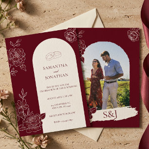 Deep Burgundy Floral Arch Photo Back Wedding Invitation