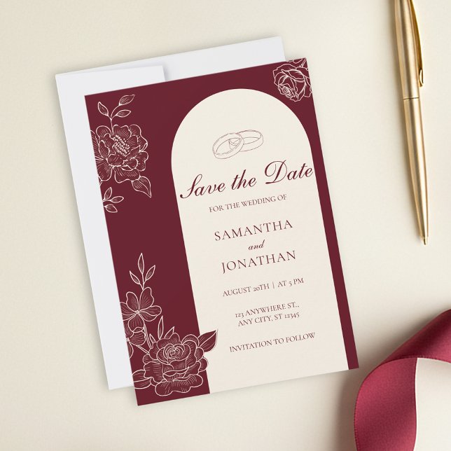 Deep Burgundy Floral Arch Wedding Save the Date Invitation (Deep Burgundy Floral Line Art with Ivory Arch with Photo Back Save the Date Wedding Card)
