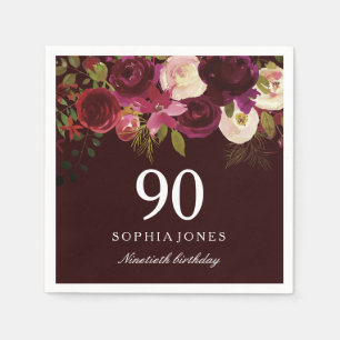 Deep Burgundy Floral Boho 90th Birthday Party Napkin