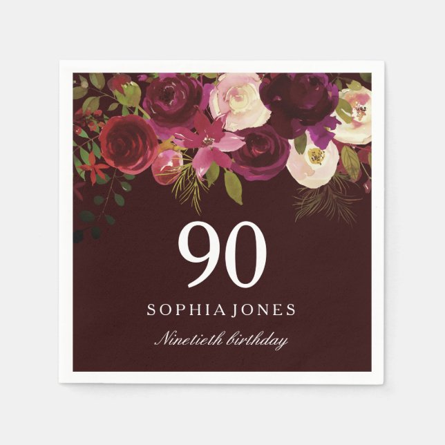 Deep Burgundy Floral Boho 90th Birthday Party Napkin (Front)