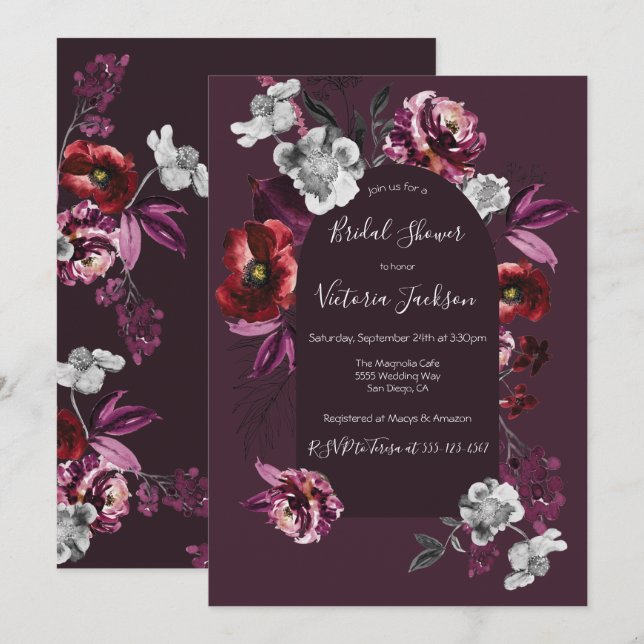 Deep Burgundy Floral Dark & Moody Bridal Shower In Invitation (Front/Back)