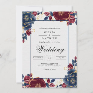 Deep Burgundy Floral Frame Wedding Invitation