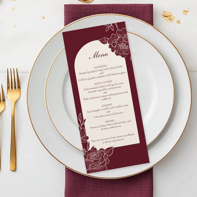 Deep Burgundy Floral Ivory Arch Wedding Menu (Deep Burgundy Floral Line Art with Ivory Arch Wedding Menu)