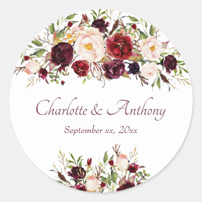 Deep Burgundy Floral Wedding Classic Round Sticker (Front)