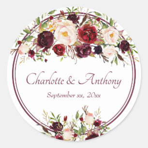 Deep Burgundy Floral Wedding Classic Round Sticker