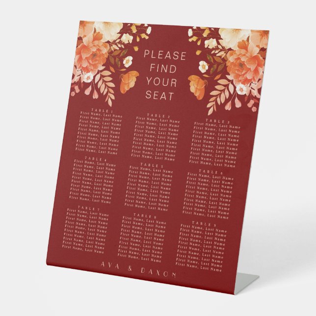 Deep Burgundy Floral Wedding Seating Pedestal Sign (Front)