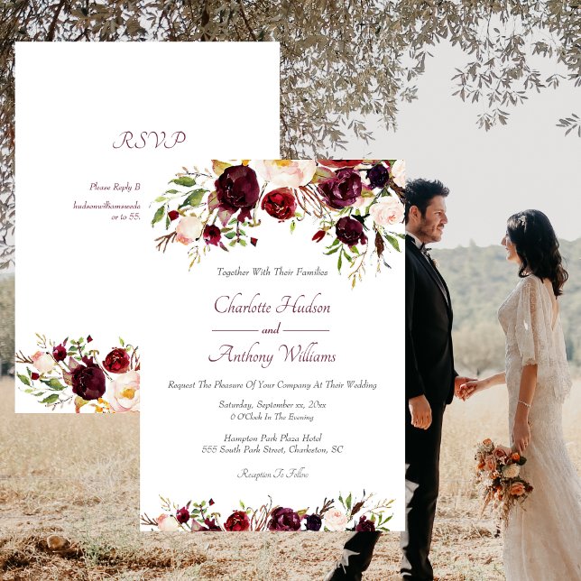 Deep Burgundy Floral Wedding with RSVP Invitation (Deep Burgundy Floral Wedding Invitation)