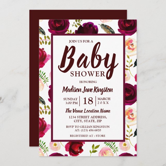 Deep Burgundy Flowers Boho Baby Shower Invitation (Front/Back)