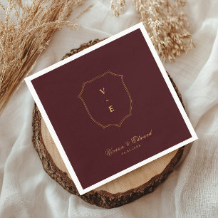 Deep Burgundy & Gold Crest Monogram Winter Wedding Napkin