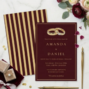 Deep Burgundy Gold Ring Diamond Stripes Wedding Invitation