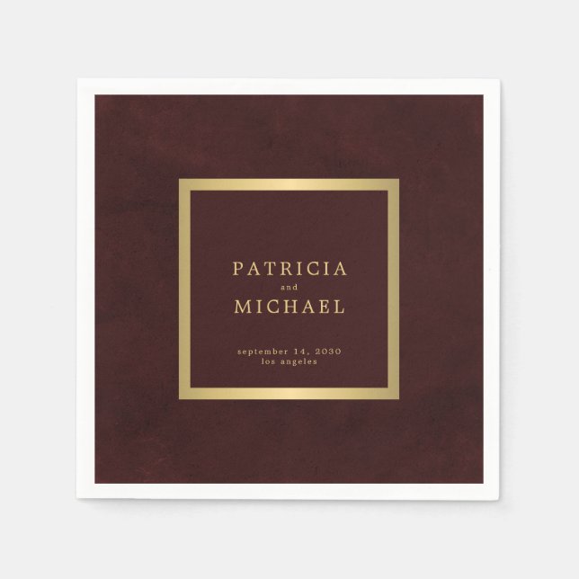 Deep burgundy gold wedding bride and groom napkin (Front)