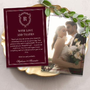 Deep Burgundy Ivory Crest Old Money Photo Wedding Thank You Card