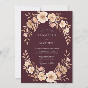 Deep Burgundy Peach Floral Wedding Invitation