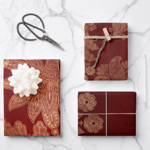 Deep Burgundy Red and Gold Damask Wrapping Paper Sheet