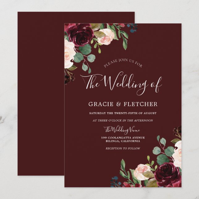 Deep Burgundy Red Wine Blush Floral Wedding Invitation (Front/Back)