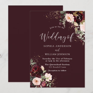 Deep Burgundy Red Wine Floral Fall Autumn Wedding  Invitation