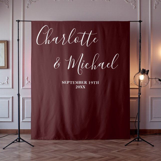 Deep Burgundy Script Minimalist Wedding Backdrop Tapestry (Creator Uploaded)