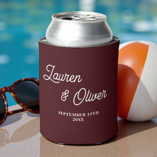 Deep Burgundy Script Minimalist Wedding Can Cooler