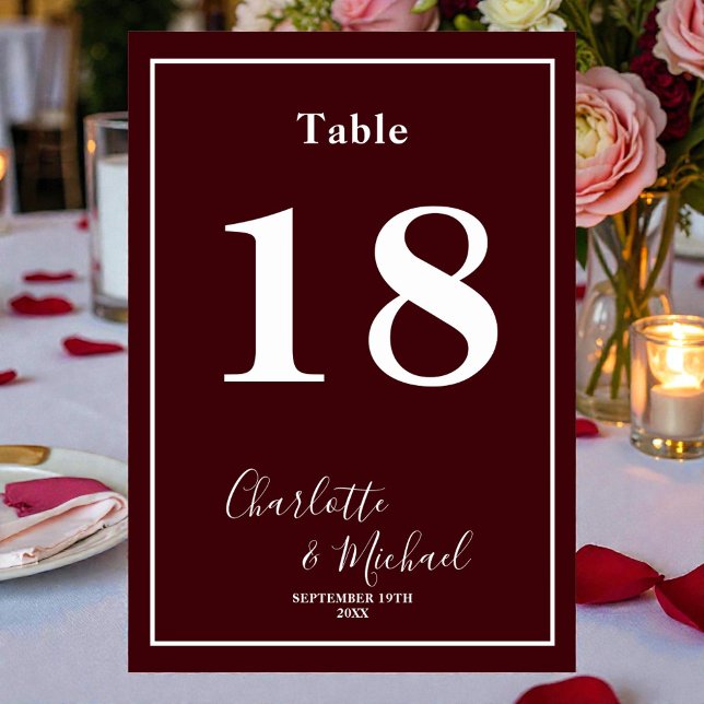 Deep Burgundy Script Minimalist Wedding Table Number (Creator Uploaded)