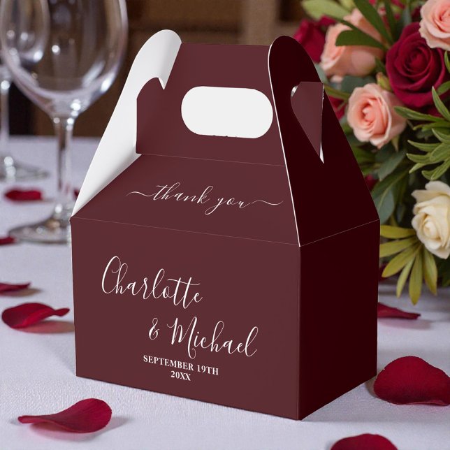 Deep Burgundy Script Minimalist Wedding Thank You Favor Box (Creator Uploaded)