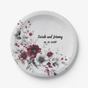Deep Burgundy Silver Grey Watercolor Floral Custom Paper Plate