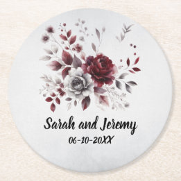 Deep Burgundy Silver Grey Watercolor Floral Custom Round Paper Coaster