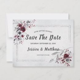 Deep Burgundy Silver Grey Watercolor Floral Custom Save The Date