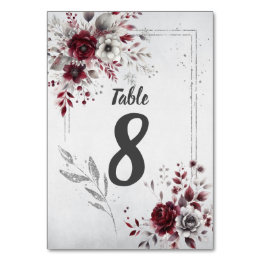 Deep Burgundy Silver Grey Watercolor Floral Custom Table Number
