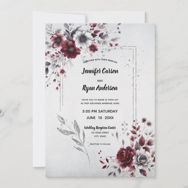 Deep Burgundy Silver Grey Watercolor Floral  Invitation (Front)