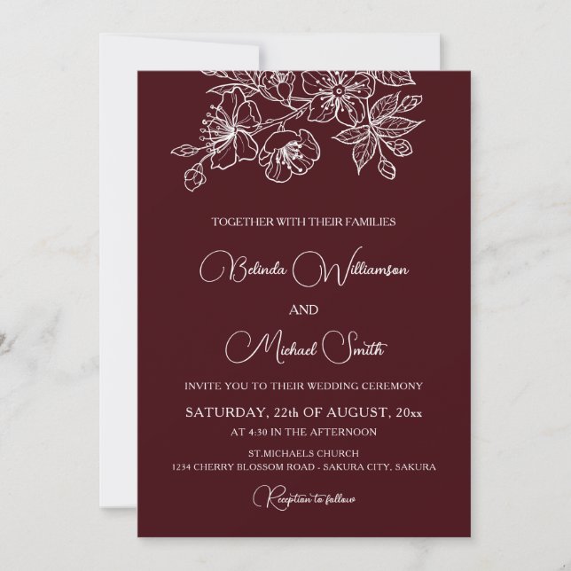 Deep Burgundy White Floral Line Art | Wedding Invitation (Front)