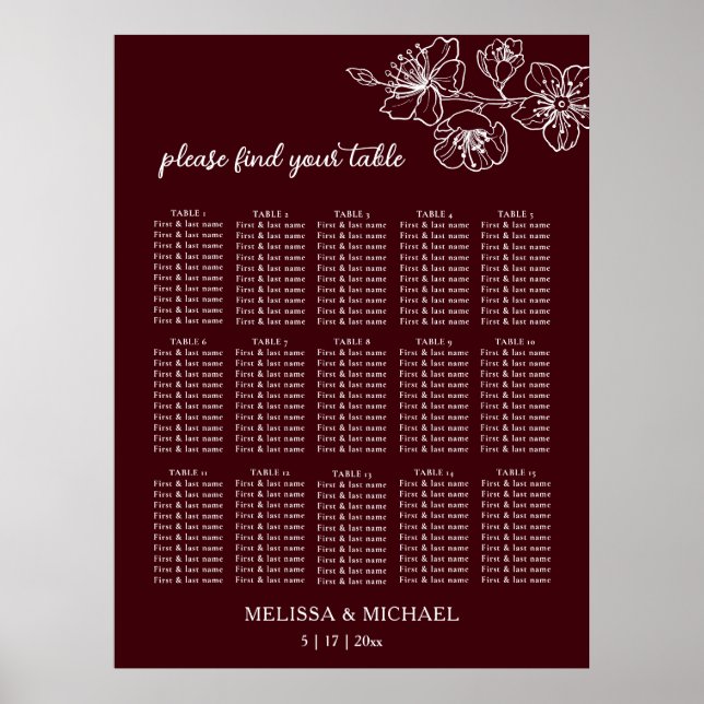 Deep Burgundy White Floral | Wedding Seating Chart (Front)