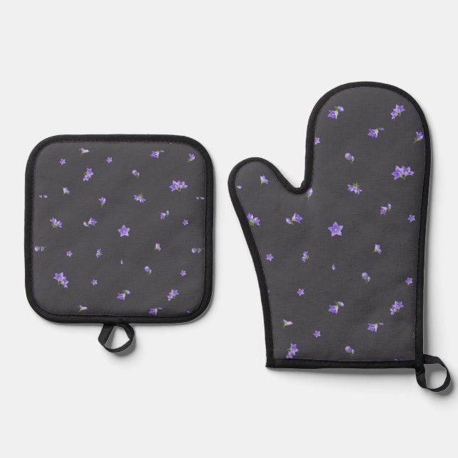 Deep Charcoal Balloon Flower Floral Pattern Oven Mitt & Pot Holder Set (Front)