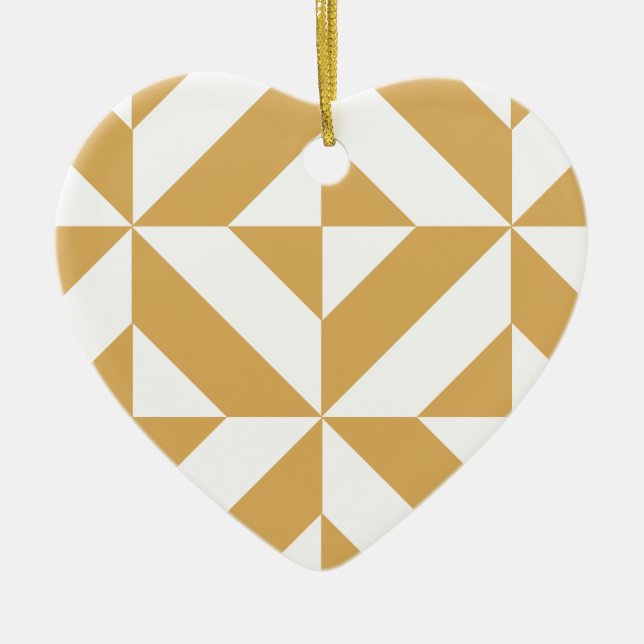Deep Cool Gold Geometric Deco Cube Pattern Ceramic Ornament (Front)