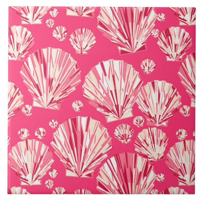 Deep Coral and Pastel Pink Sea Shells Tile (Front)