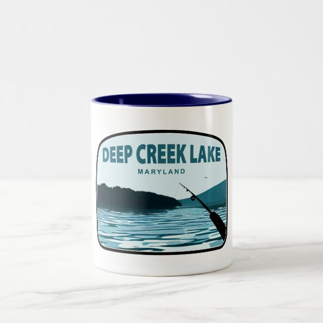 Deep Creek Lake Maryland Fishing Rod Two-Tone Coffee Mug (Center)
