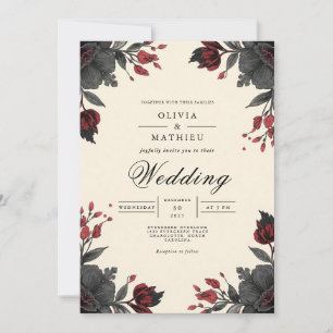 Deep Crimson Floral Corner Wedding Invitation