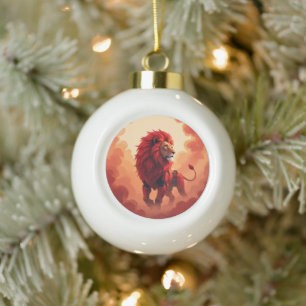 Deep Crimson Glow – The Lion of Burning Destiny.   Ceramic Ball Christmas Ornament