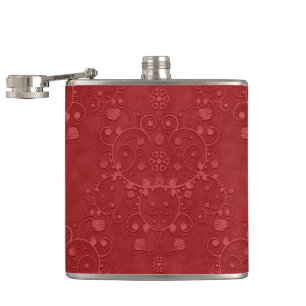 Deep Crimson Red Fancy Floral Damask Pattern Hip Flask