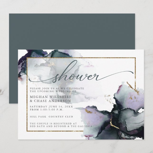 Deep Cyan Muted Smokey Purple Abstract Watercolor Invitation (Front/Back)