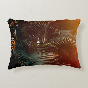 Deep dark green palm leaves pattern with bright or accent pillow