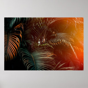 Deep dark green palm leaves pattern with bright or poster