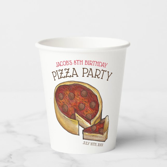 Deep Dish Pepperoni Pizza Pie Birthday Party Paper Cups (Front)