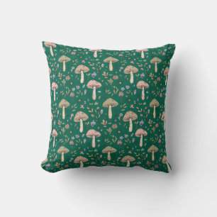 Deep Emerald Fungi Seamless Pattern Jewel Tone Throw Pillow