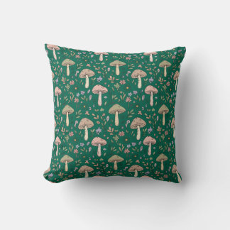 Deep Emerald Fungi Seamless Pattern Jewel Tone Throw Pillow