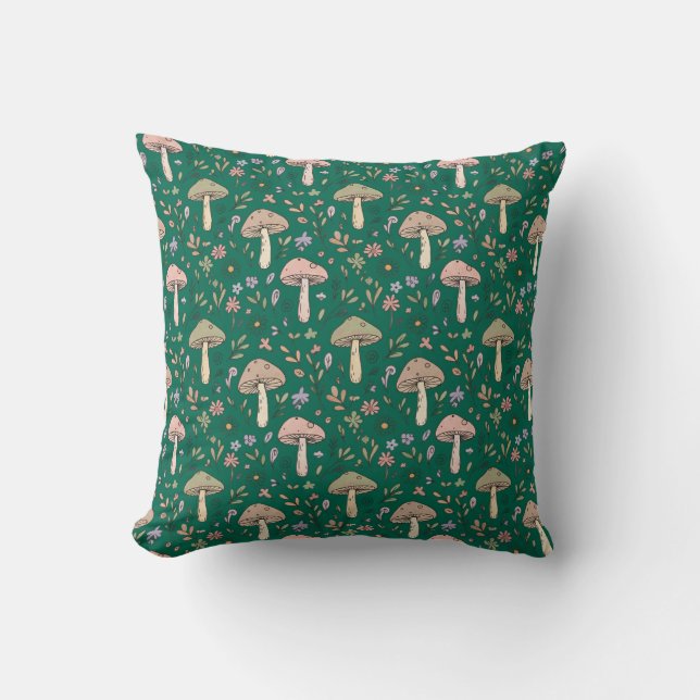 Deep Emerald Fungi Seamless Pattern Jewel Tone Throw Pillow (Front)