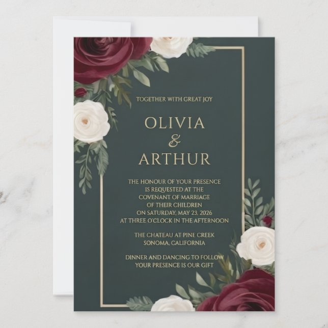 Deep Emerald Green & Burgundy Wedding Invitation (Front)