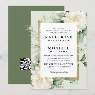Deep Eucalyptus Rose Ivory&Gold Frame QR Wedding  Invitation