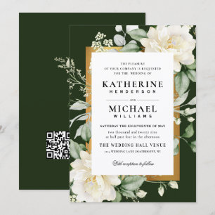 Deep Eucalyptus Rose Ivory&Gold Frame QR Wedding Invitation